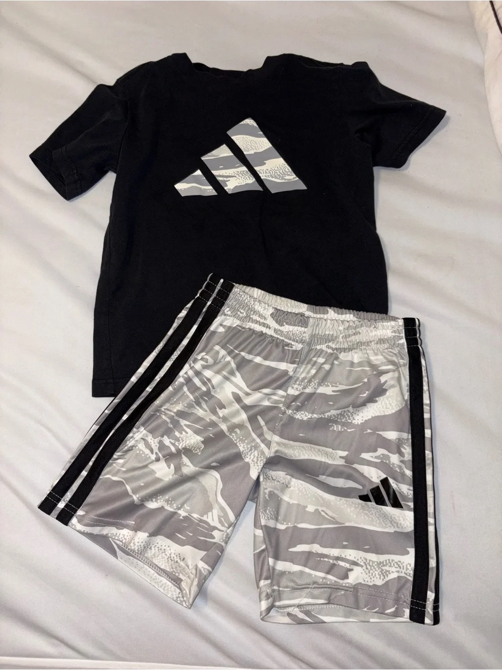 adidas black and Gray Camo Athletic Set with Black Stripes